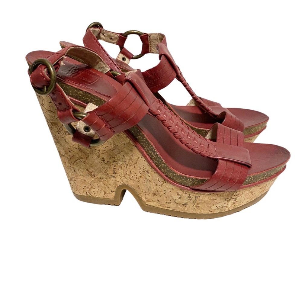 Frye Braylin Artisanal dark red t strap cork wedge leather sandals size 7